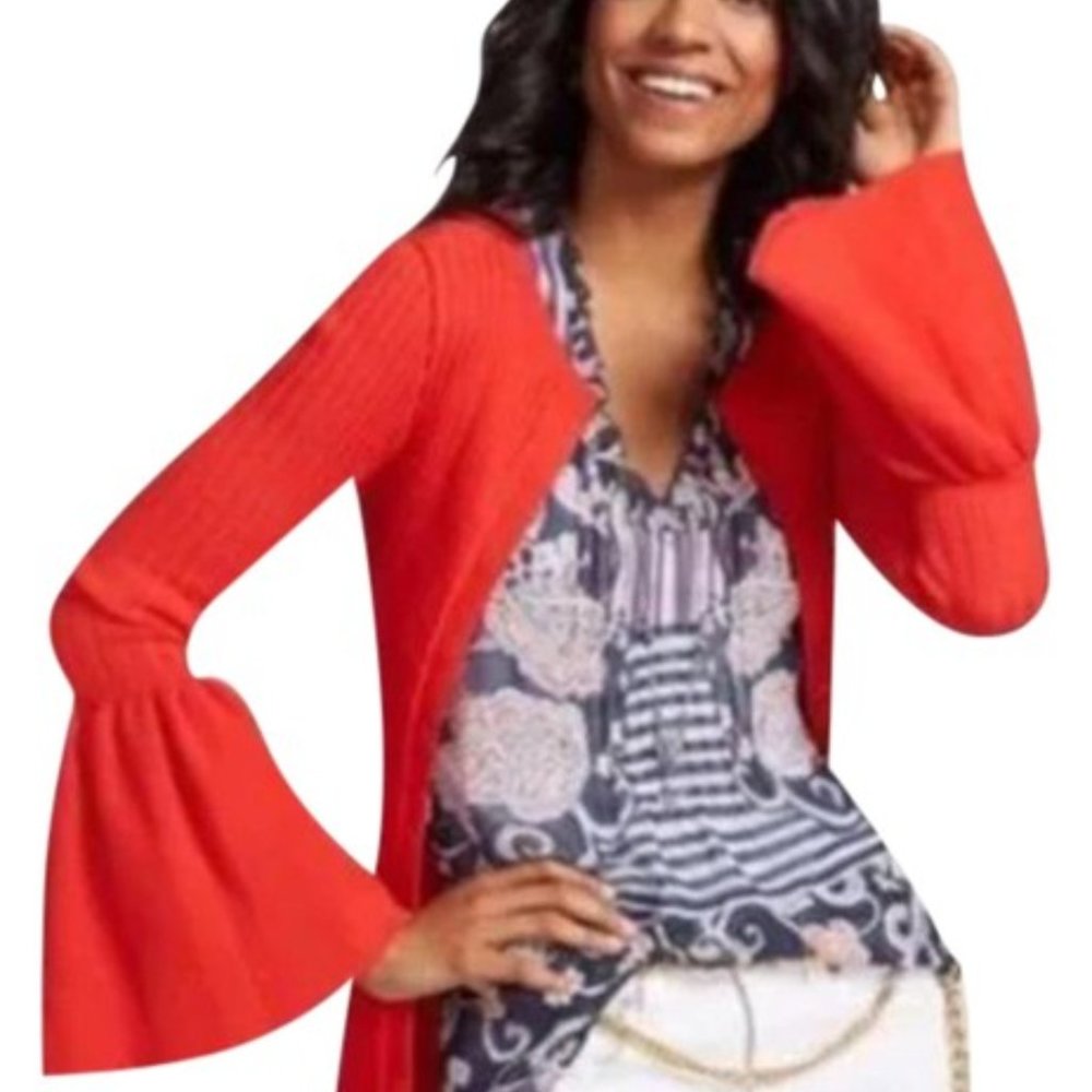 Cabi Women's Cardigan Sweater Size Large Red Orange Trumpet Ribbed Bell Sleeve L